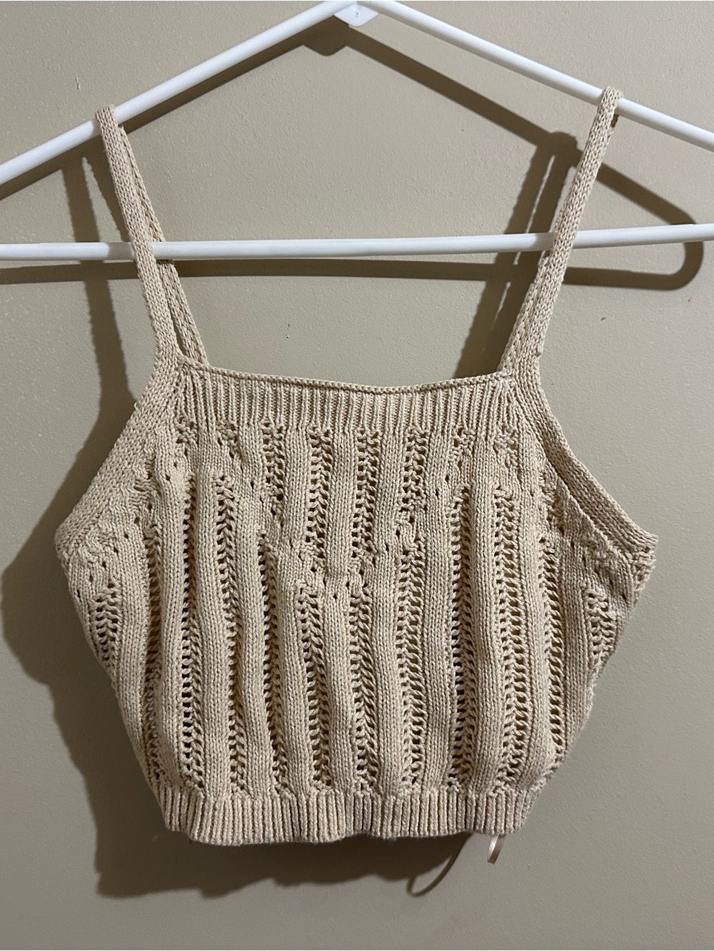 Freshman Beige Knit Crochet-Style Spaghetti Strap Crop Top